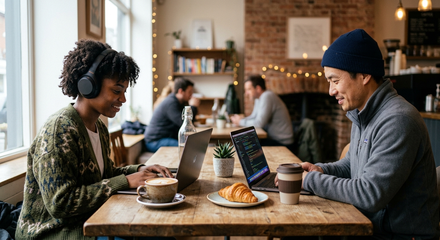 Two people working side by side on laptops in a café